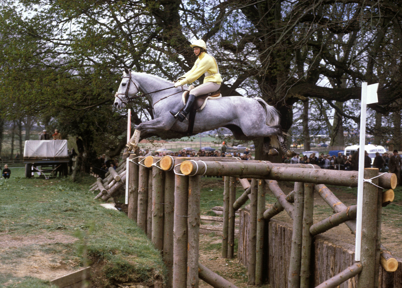 A grey horse clearing a jump in a field as onlookers watch