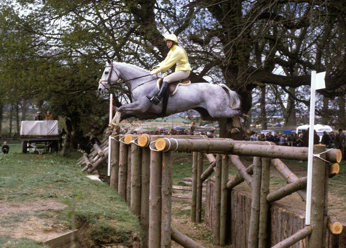 A grey horse clearing a jump in a field as onlookers watch