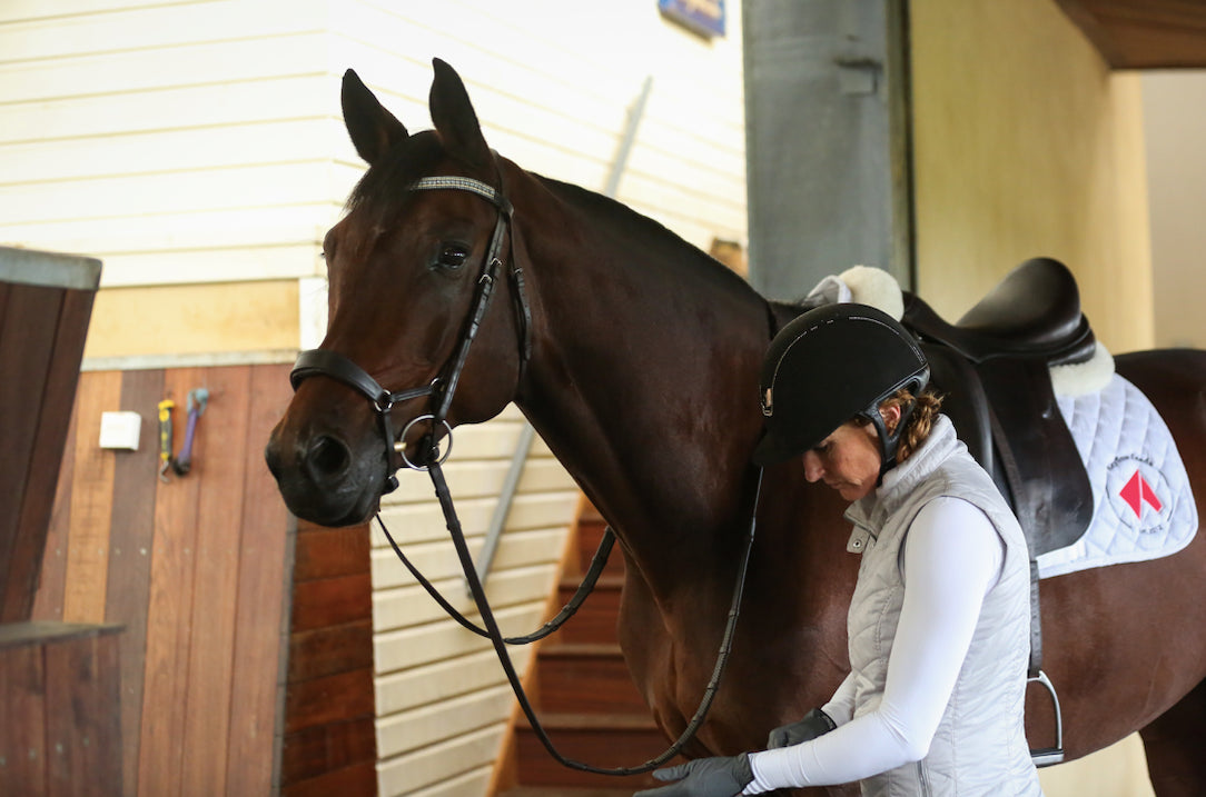 A woman stood next to a horse in the stables; she's looking at the ground