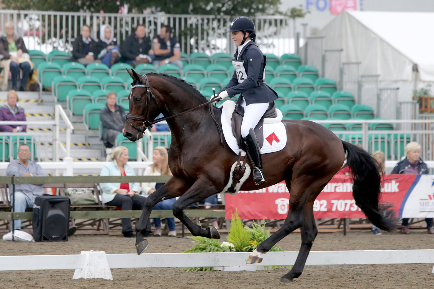 Side view of a woman riding her horse during a competition